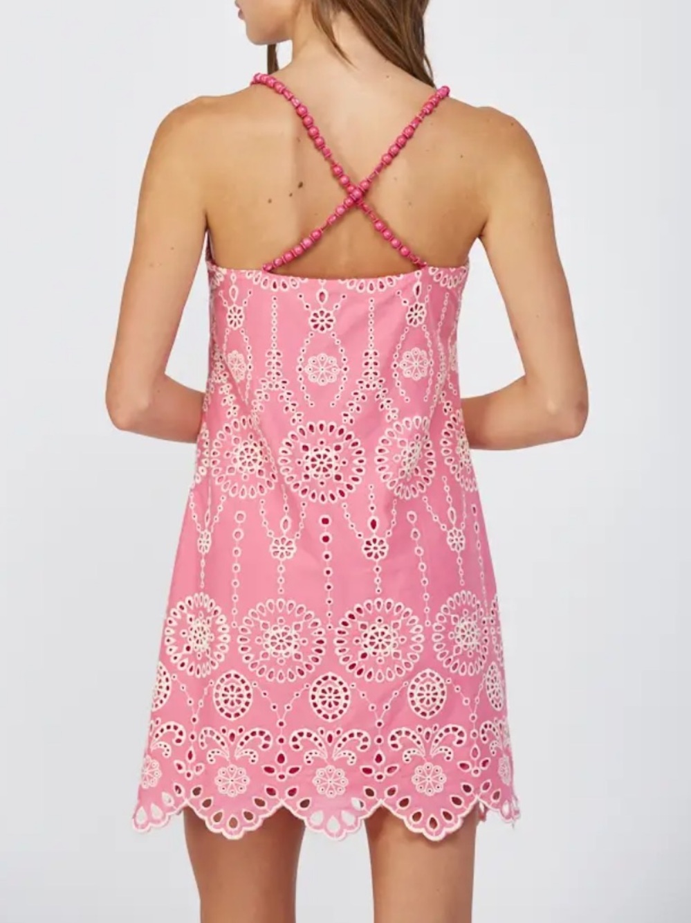 Pink Embroidered Summer Dress with Beaded Straps